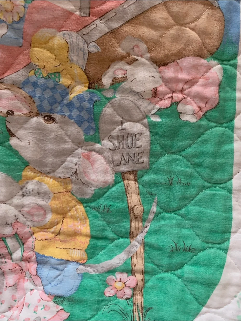 Vintage Quilted Mother Goose Baby Throw w/Trim Pastel Mint & Multi-Color